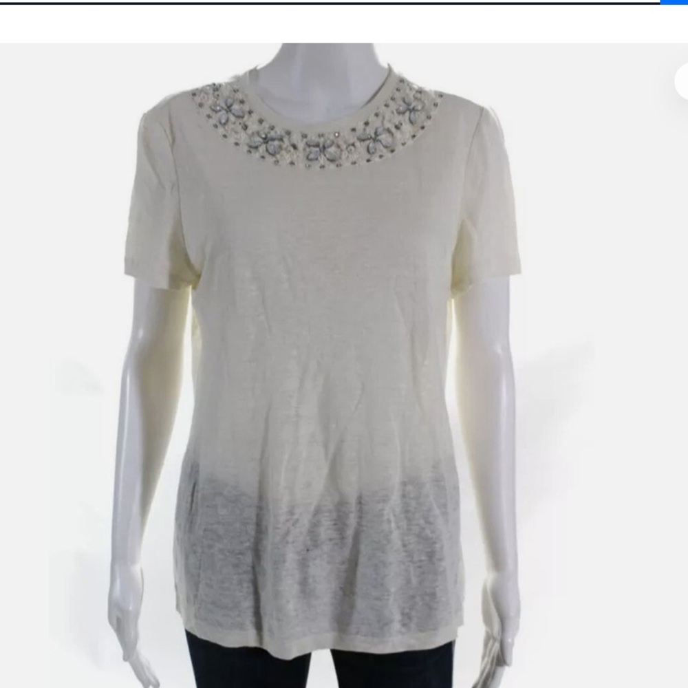 Tory Burch Ivory Short-Sleeve Embellished Neck Tee